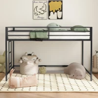 Junior Twin Loft Bunk Metal Bed Frame with Full-Length Guardrails, Anti-Noise Design, and Protective Post Caps, 76.69″ L x 40.94″ W x 49.49″ H, Black(m-6)