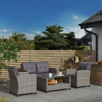 Outsunny 4 Piece Rattan Patio Furniture Set w/ Glass Table Top, Cushions for Backyard, Garden, Poolside, Deck, Charcoal Grey(m-7)