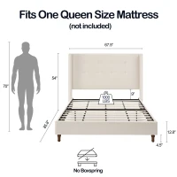 Peyton Upholstered Queen Bed Frame with 54" High Headboard, Hand Buttoned Tufting, Nailhead Trim Wingback, No Box Spring Needed, Easy Assembly, Ivory Velvet, Ivory(m-3)