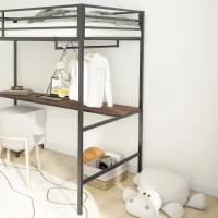 Adam Twin Loft Bunk Metal Bed Frame with Desk and Closet Rod, Guardrails, Easy Assembly, 76.69″ L x 40.94″ W x 72.01″ H, Black(m-8)