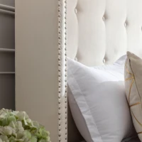 Peyton Upholstered King Bed Frame with 54" High Headboard, Traditional Hand Buttoned Tufting, Nailhead Trim Wingback, No Box Spring Needed, Easy Assembly, Ivory Velvet, 85.8″ L x 83.6″ W x 54.0″ H, Ivory(m-6)