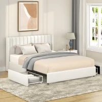 Queen Size Upholstered Platform Bed Frame with Patented 2 Drawers Storage, Tufted Headboard, Wooden Slat Support, for Bedroom, No Box Spring Needed, Ivory(m-1)