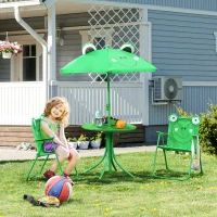 Outsunny Folding Kids Table and Chair Set, Picnic Table with Frog Pattern Removable & Height Adjustable Sun Umbrella for Garden, Backyard, Green(m-2)