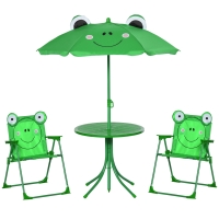 Outsunny Folding Kids Table and Chair Set, Picnic Table with Frog Pattern Removable & Height Adjustable Sun Umbrella for Garden, Backyard, Green