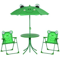 Outsunny Folding Kids Table and Chair Set, Picnic Table with Frog Pattern Removable & Height Adjustable Sun Umbrella for Garden, Backyard, Green(m-1)