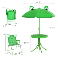 Outsunny Folding Kids Table and Chair Set, Picnic Table with Frog Pattern Removable & Height Adjustable Sun Umbrella for Garden, Backyard, Green(m-3)