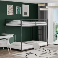 Twin over Twin Metal Bunk Bed Frame, Durable Square Tube Frame, Full-Length Guardrails, Easy Assembly, No Box Spring Needed, 76.69″ L x 40.94″ W x 54.09″ H, Black(m-1)