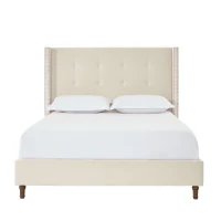 Peyton Upholstered King Bed Frame with 54" High Headboard, Traditional Hand Buttoned Tufting, Nailhead Trim Wingback, No Box Spring Needed, Easy Assembly, Ivory Velvet, 85.8″ L x 83.6″ W x 54.0″ H, Ivory(m-8)