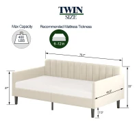 Elena Twin Size Velvet Upholstered Daybed Frame with Ribbed Tufted Backrest, Squeak-Free Durable Metal Frame, Bentwood Slat System, Easy Assembly, Ivory(m-3)