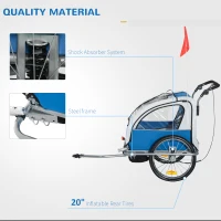 Aosom 2-in-1 Double Baby Bike Trailer Child Bike Stroller Foldable Jogger Bicycle Trailer, Blue & Grey(m-5)