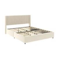Queen Size Velvet Upholstered Platform Bed Frame with 2 Drawers, Wingback Headboard, Wooden Slat Support, No Box Spring Needed, 84.4″ L x 64.7″ W x 39.0″ H, Ivory(m-10)