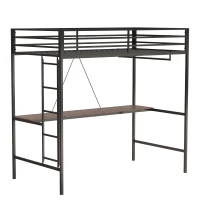Adam Twin Loft Bunk Metal Bed Frame with Desk and Closet Rod, Guardrails, Easy Assembly, 76.69″ L x 40.94″ W x 72.01″ H, Black(m-10)
