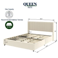 Anna Queen Size Velvet Upholstered Wingback Platform Bed Frame with 4 Storage Drawers, Modern Headboard, Wooden Slat Support, No Box Spring Needed, 84.4″ L x 63.5″ W x 39.0″ H, Ivory(m-3)