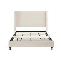 Peyton Upholstered Queen Bed Frame with 54" High Headboard, Hand Buttoned Tufting, Nailhead Trim Wingback, No Box Spring Needed, Easy Assembly, Ivory Velvet, Ivory(m-8)