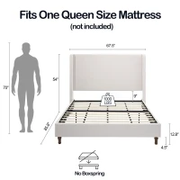 Harper Queen Size Upholstered Bed Frame with 54" Tall Headboard, No Box Spring Needed, Easy Assembly, Ivory(m-3)