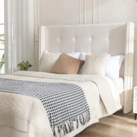 Peyton Upholstered Queen Bed Frame with 54" High Headboard, Hand Buttoned Tufting, Nailhead Trim Wingback, No Box Spring Needed, Easy Assembly, Ivory Velvet, Ivory(m-5)