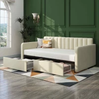 Flora Twin Size Upholstered Daybed Frame with 2 Drawers, Ribbed Tufted Backrest, Dust-Proof Drawers, Easy Assembly, Ivory(m-7)