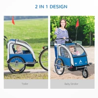 Aosom 2-in-1 Double Baby Bike Trailer Child Bike Stroller Foldable Jogger Bicycle Trailer, Blue & Grey(m-4)