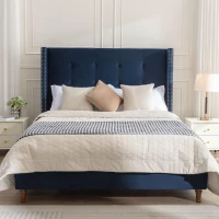 Upholstered Queen Bed Frame with Velvet 54" High Headboard, Traditional Hand Buttoned Tufting, Nailhead Trim Wingback, No Box Spring Needed, Blue(m-7)