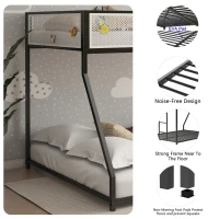 Twin Over Full Bunk Metal Bed Frame with Mesh Guard Rail, Adjustable Ladder, and Noise-Reducing EVA Pad, for Kids Bedrooms, Black(m-7)