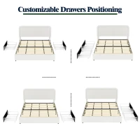 Liv Queen Size 2-Drawer Storage Bed Frame with Curved Tufted Headboard, Patented Boucle Upholstered Platform Bed, Wooden Slat Support, No Box Spring Needed, Ivory(m-9)