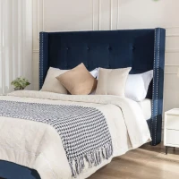 Upholstered Queen Bed Frame with Velvet 54" High Headboard, Traditional Hand Buttoned Tufting, Nailhead Trim Wingback, No Box Spring Needed, Blue(m-8)