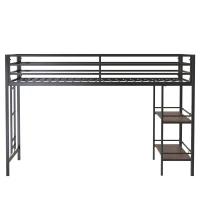 Junior Twin Loft Metal Bunk Bed Frame with Cinnamon Wood Shelf, Full-Length Guardrails, Anti-Noise Design, Easy Assembly, 76.69″ L x 40.94″ W x 49.49″ H, Black(m-8)