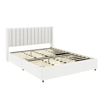 Anda Queen Size Upholstered Platform Bed Frame with 4 Storage Drawers, Tufted Headboard, Wooden Slat Support, No Box Spring Needed, 84.4″ L x 63.5″ W x 39.0″ H, Ivory(m-10)