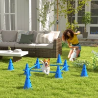PawHut 39''L Set of 4 Dog Agility Hurdle Cone Set for Large Medium Small Size Dog, Agility Training Equipment 8 Cones 4 Rods Starter Kit with Carrying Bag, Blue(m-1)