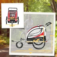 Aosom Foldable Bike Trailer for Kids, Toddler Carrier with 2 Seats, Safety Flag, Light Reflectors, & 5 Point Harness, Red(m-3)