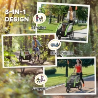 Aosom 3-in-1 Bike Trailer for Kids, Running Stroller with 2 Seats, Jogging Cart with 5-Point Harness, Storage Units, Green(m-4)