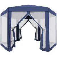 Outsunny Φ13' Hexagon Party Tent Patio Gazebo Outdoor Activity Event Canopy Quick Sun Shelter Pavilion with Netting Mesh Sidewall Blue(m-2)
