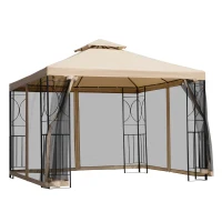 Outsunny 10' x 10' Patio Gazebo with Corner Shelves, Outdoor Gazebo Canopy Shelter with Netting, and Vented Roof, for Garden, Lawn, Backyard and Deck(m-11)
