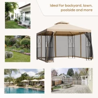 Outsunny 10' x 10' Patio Gazebo with Corner Shelves, Outdoor Gazebo Canopy Shelter with Netting, and Vented Roof, for Garden, Lawn, Backyard and Deck(m-7)