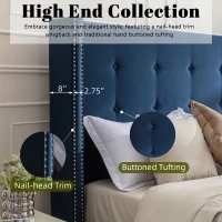 Upholstered Queen Bed Frame with Velvet 54" High Headboard, Traditional Hand Buttoned Tufting, Nailhead Trim Wingback, No Box Spring Needed, Blue(m-4)