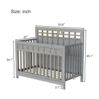 Certified Baby Safe Crib, Pine Solid Wood, Non-Toxic Finish, Adjustable Mattress Height, JPMA Certified, 53.8" L x 27" W x 45.1" H, Gray(m-3)