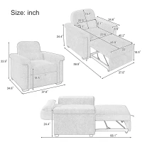 3-in-1 Convertible Sleeper Chair Sofa Bed, Adjustable Backrest with Pillow, Wood & Steel Frame, Gray(m-3)