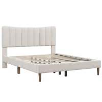 Vinsetto Upholstered Platform Bed Frame with Vertical Channel Tufted Headboard, No Box Spring Needed, Queen Size, Durable MDF and Solid Wood, 800 lbs Weight Capacity, Cream(m-2)