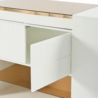 Modern Luxury Multi-Functional Island Vanity Dresser and Storage Cabinet with Glass Tabletop, 6 Drawers, and Display Shelf for Walk-in Wardrobe and Bedroom, 60.4"x18.7"x33.1", Cream White(m-8)
