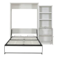 Vinsetto Queen Size Murphy Wall Bed with Side Cabinet, Dual Piston System, Built-in USB Ports, and Ample Storage Shelves, Rustic White(m-9)