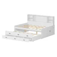 Full Size Captain Daybed with Trundle, Storage Bookcase Headboard, and Three Drawers for Kids and Teens, MDF and Solid Pine Wood Frame, White(m-9)