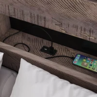 Vinsetto Mid Century Modern Queen Bed Frame with Bookshelf, LED Lights, USB Ports, and Textured Wood Veneer, Walnut+black(m-9)