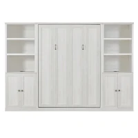 Vinsetto Full Size Murphy Wall Bed with Dual Piston System, 2 Side Cabinets with USB Ports and Shelves, Space-Saving Design, Sturdy Metal Frame, 800 lbs Capacity, Rustic White(m-8)