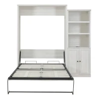 Vinsetto Queen Size Murphy Wall Bed with Side Cabinet, Dual Piston System, Built-in USB Ports, and Ample Storage Shelves, Rustic White(m-2)