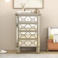 Elegant Mirrored 4-Drawer Chest with Golden Lines, Crystal Handles, and Arrow-Shape Legs for Living Room, Hallway, Entryway - 20.5" x 15.7" x 31.5", Silver(m-1)