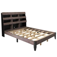 Vinsetto Mid Century Modern Queen Bed Frame with Bookshelf, LED Lights, USB Ports, and Textured Wood Veneer, Walnut+black(m-2)