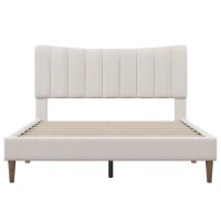 Vinsetto Upholstered Platform Bed Frame with Vertical Channel Tufted Headboard, No Box Spring Needed, Queen Size, Durable MDF and Solid Wood, 800 lbs Weight Capacity, Cream(m-10)