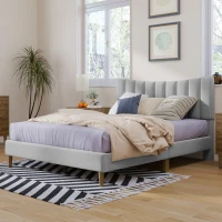 Vinsetto Upholstered Platform Bed Frame with Vertical Channel Tufted Headboard, No Box Spring Needed, Full Size, Durable MDF and Solid Wood Frame, 79.5"x58.7"x45.7", Gray(m-1)