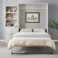 Vinsetto Queen Size Murphy Wall Bed with Side Cabinet, Dual Piston System, Built-in USB Ports, and Ample Storage Shelves, Rustic White(m-1)