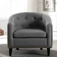 Linen Fabric Tufted Barrel Chair, Chesterfield-Inspired Tub Chair for Living Room and Bedroom, Rubber Wood Legs, Foam Fill, 28.30" x 24.00" x 27.50" , Grey(m-4)